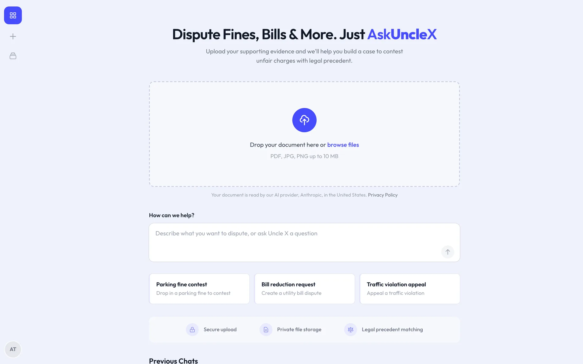 The AskUncleX dashboard, where you upload a fine or bill to start a case